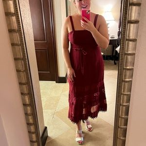 Lulus Red Boho Midi Dress with Pompom Trim